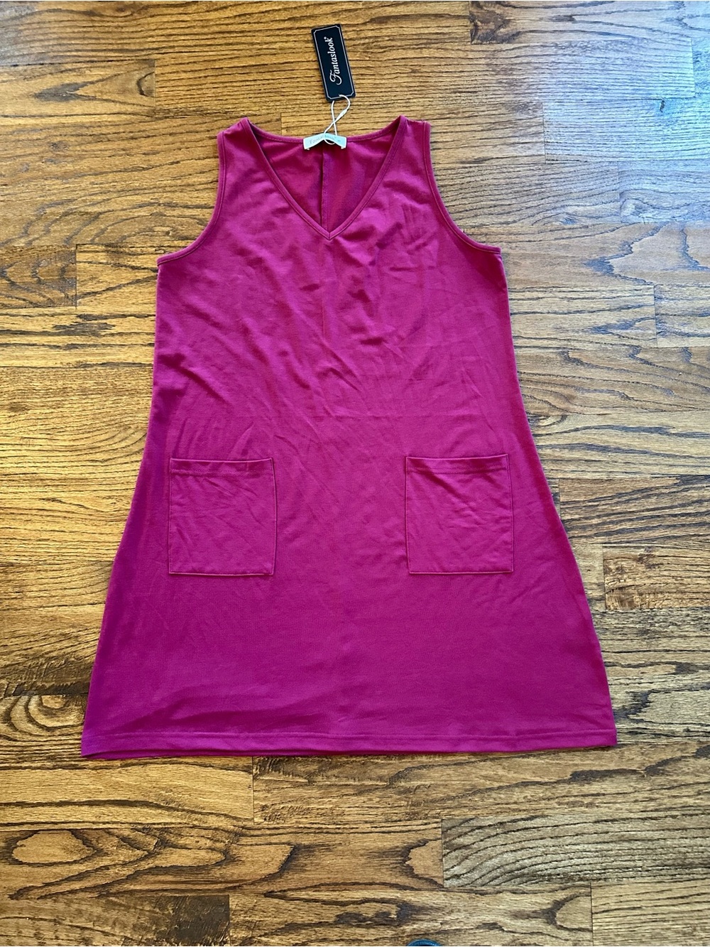 Vivid Magenta Sleeveless V-Neck Shift Dress with Front Pockets